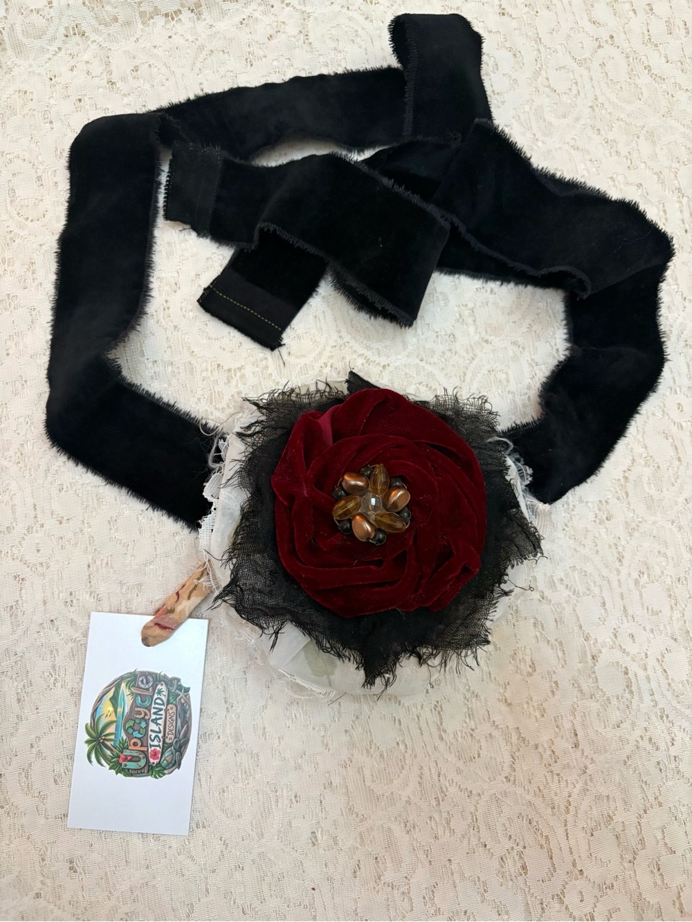 Black Velvet Jabot Necklace Choker with Deep Red Velvet Rose